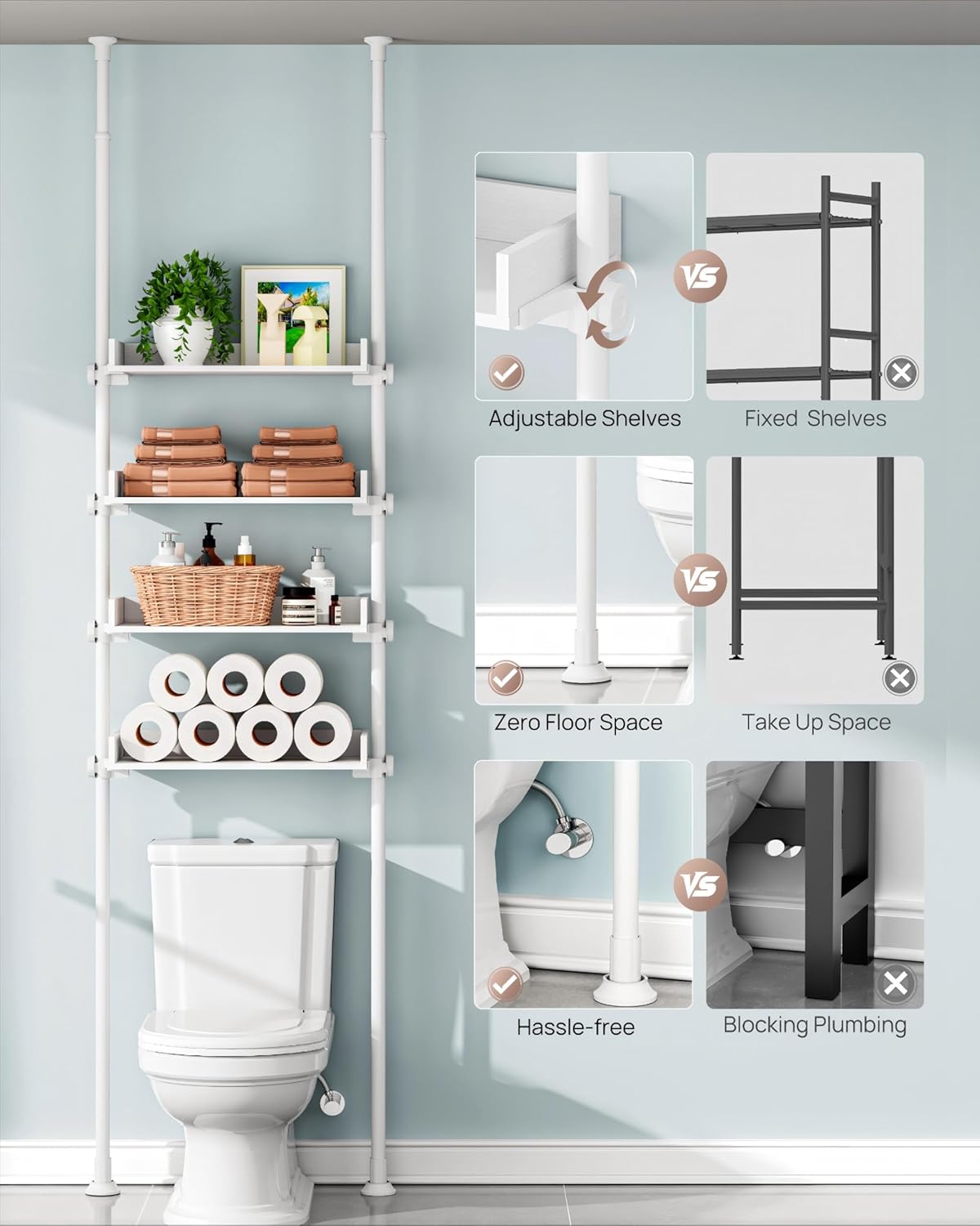 ALLZONE 4 Tier Over The Toilet Storage, Adjustable Wood Over Toilet Bathroom Organizer, Freestanding Shelves, Fit Most Showers Over The Toilet Shelf, 92 to 116 Inch Tall, White