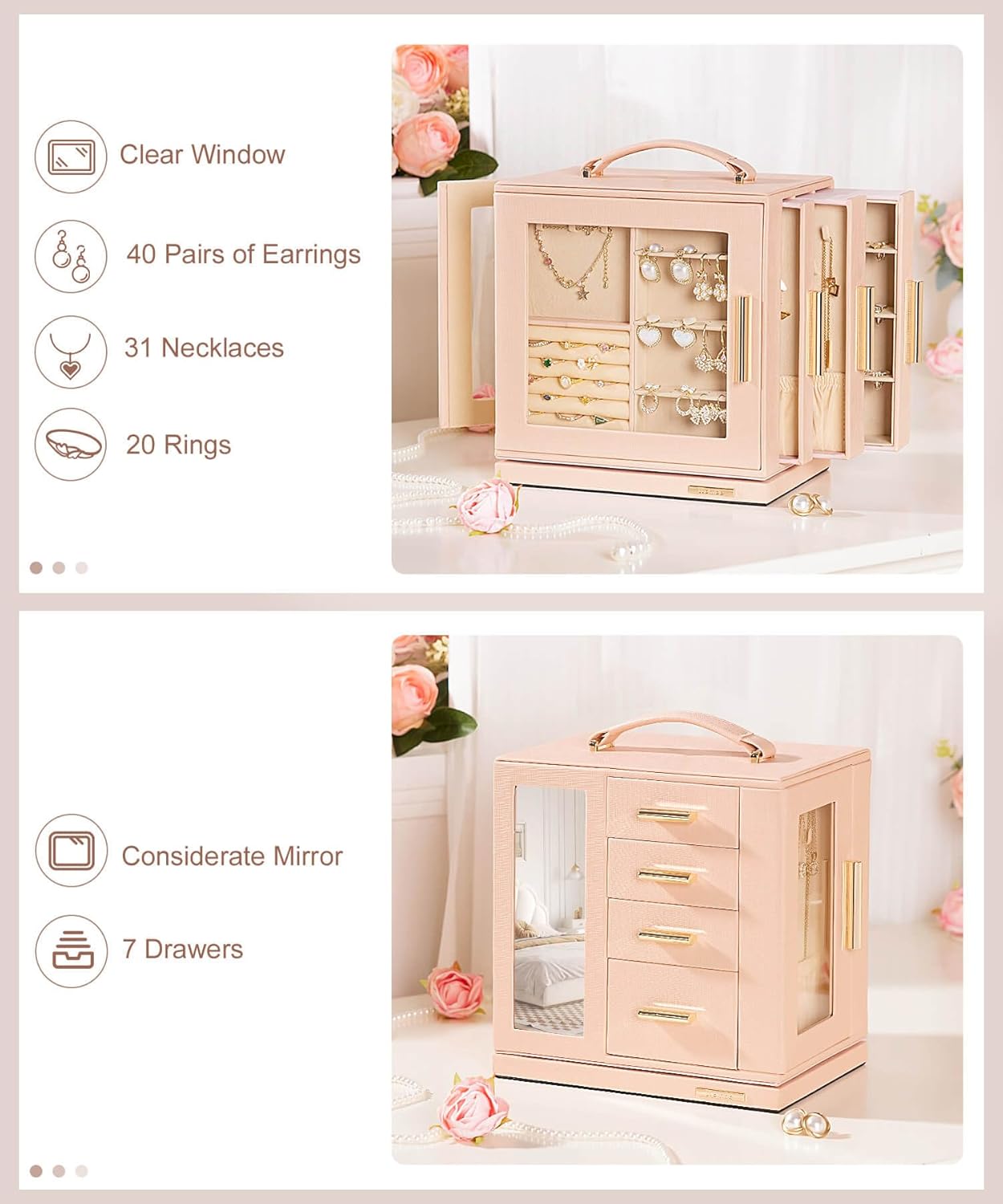 Homde Christmas Gifts Jewelry Box 360° Rotating, Necklace Earring Organizer with Transparent Window, Mirror, 7 Drawers, Large Ring Display Storage Case for Girls Women (Peach Pink)