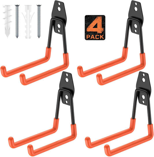 Garage Hooks with Anti-Slip Coating,Heavy Duty Wall Mount Storage Hooks for Hanging Bike,Hose,Ladder,Yard,Garden Tools (4 Pack Orange 5.2x5.1 Inch)