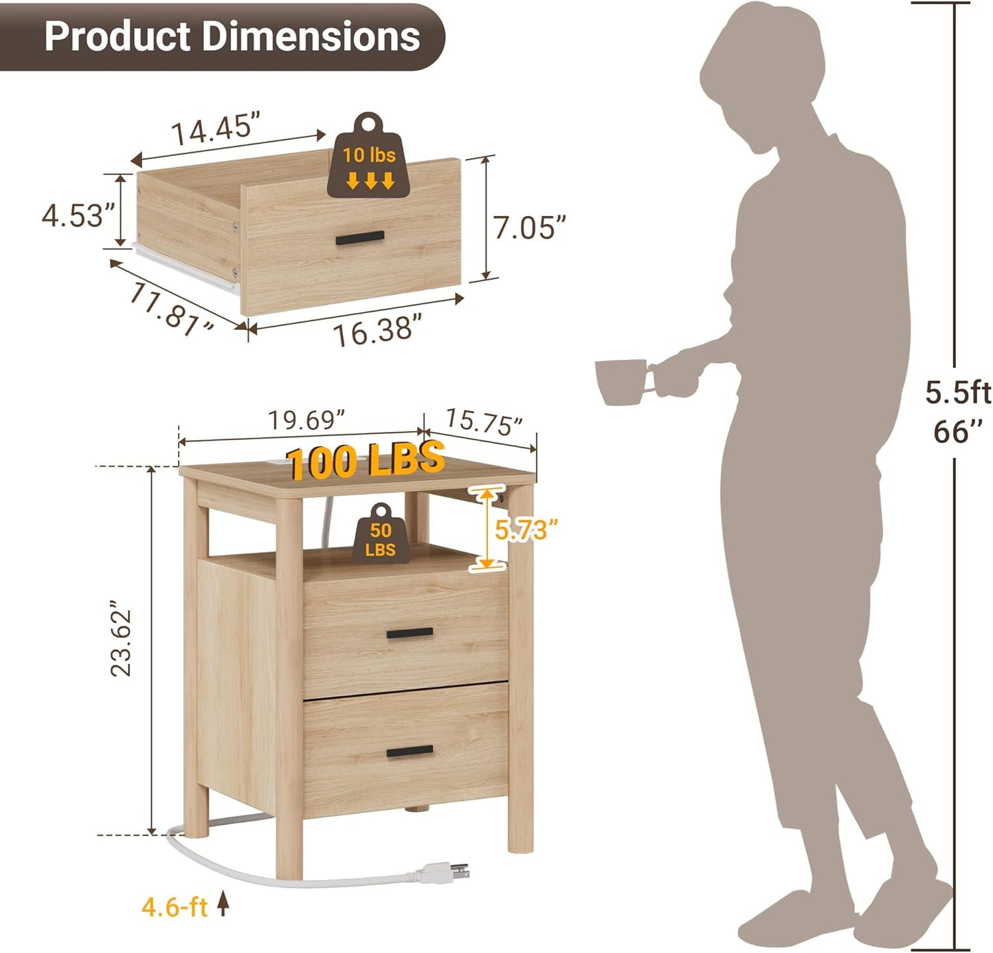 Night Stand Set of 2 with Charging Station, 20" Large Modern Side Table with Solid Round Post Legs, 2 Drawers End Table with Open Shelf, Nightstand for Bedroom, Natural Oak