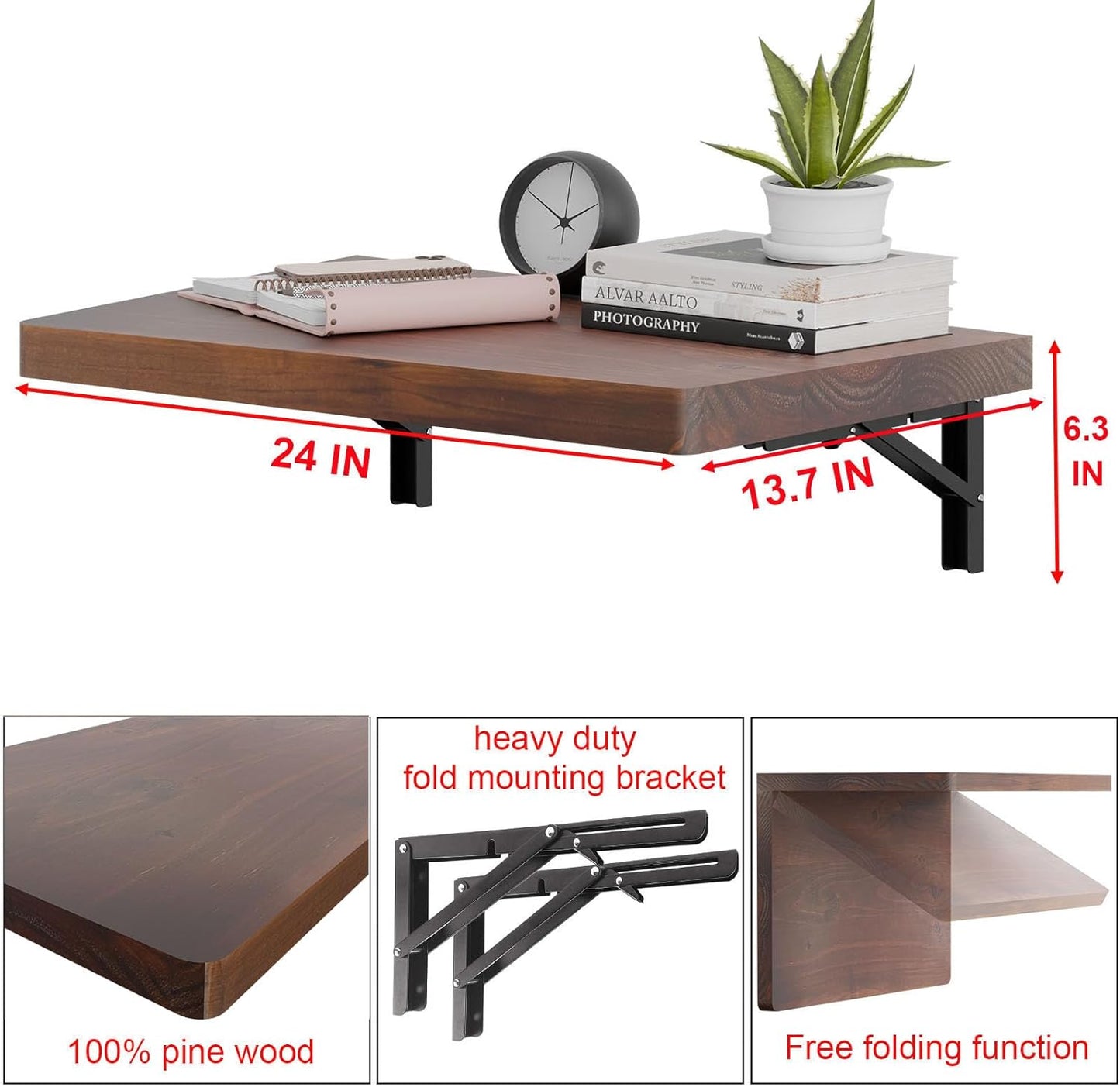IAE Wall Mounted Folding Table with Pine Wood,24" x 14" Floating Wall Desk,Laundry Folding Table with Shelf Brackets,Fold Down Desk Shelf,Folding Workbench for Home,Dining,Laundry Room,Kitchen,Brown