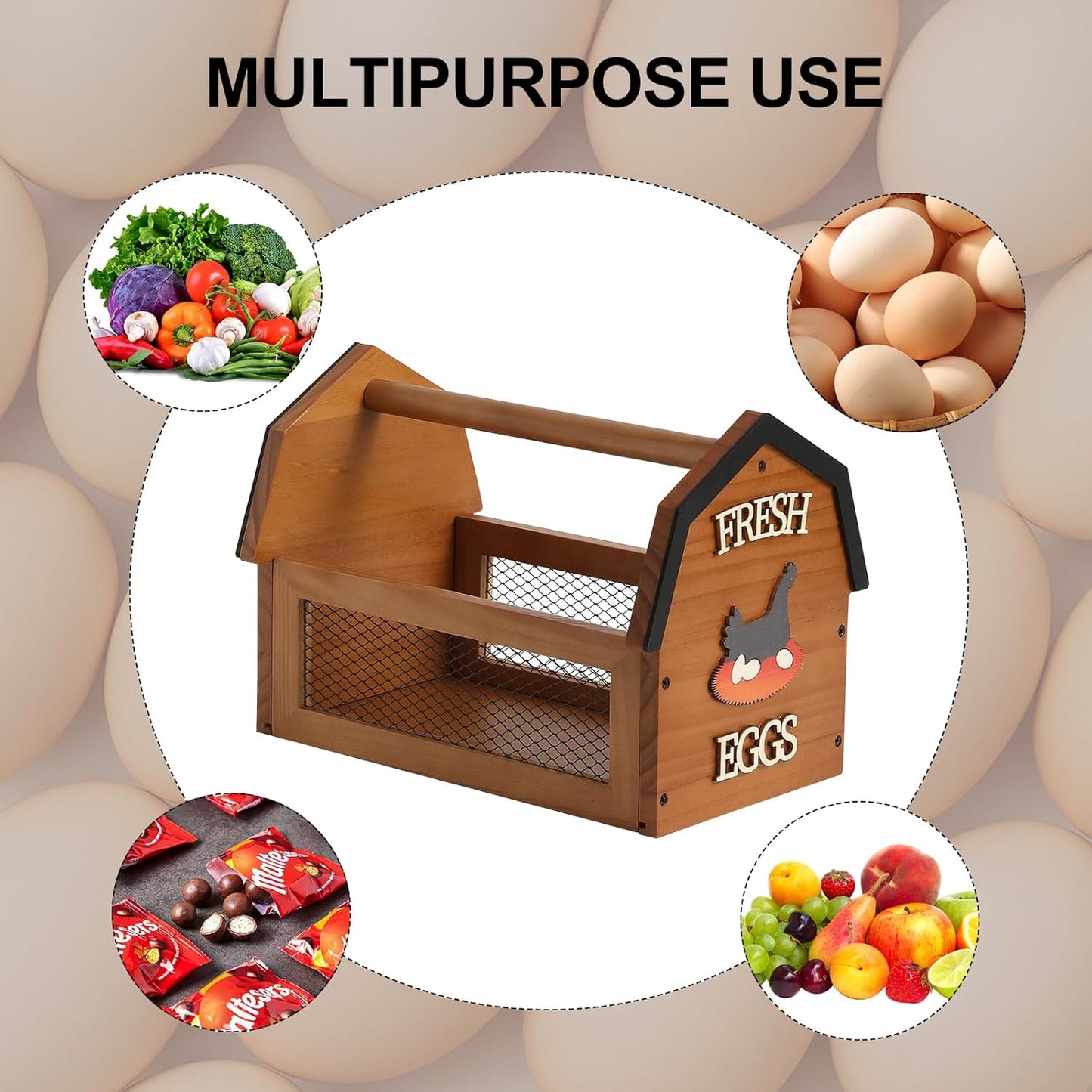 Wood Farmhouse Egg Collecting Basket - Large Countertop Chicken Egg Basket
