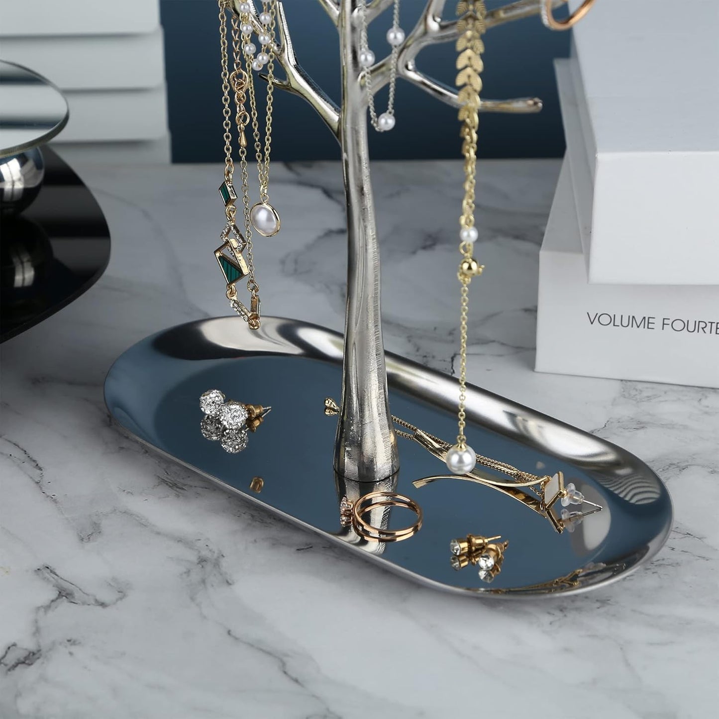 MORE&LESS Branch Jewelry Rack with metal tray,Luxury color,Tree Tower Rack Hanging Organizer for Ring Earrings Necklace Bracelet,Suitable for living rooms, bathrooms,offices,etc.
