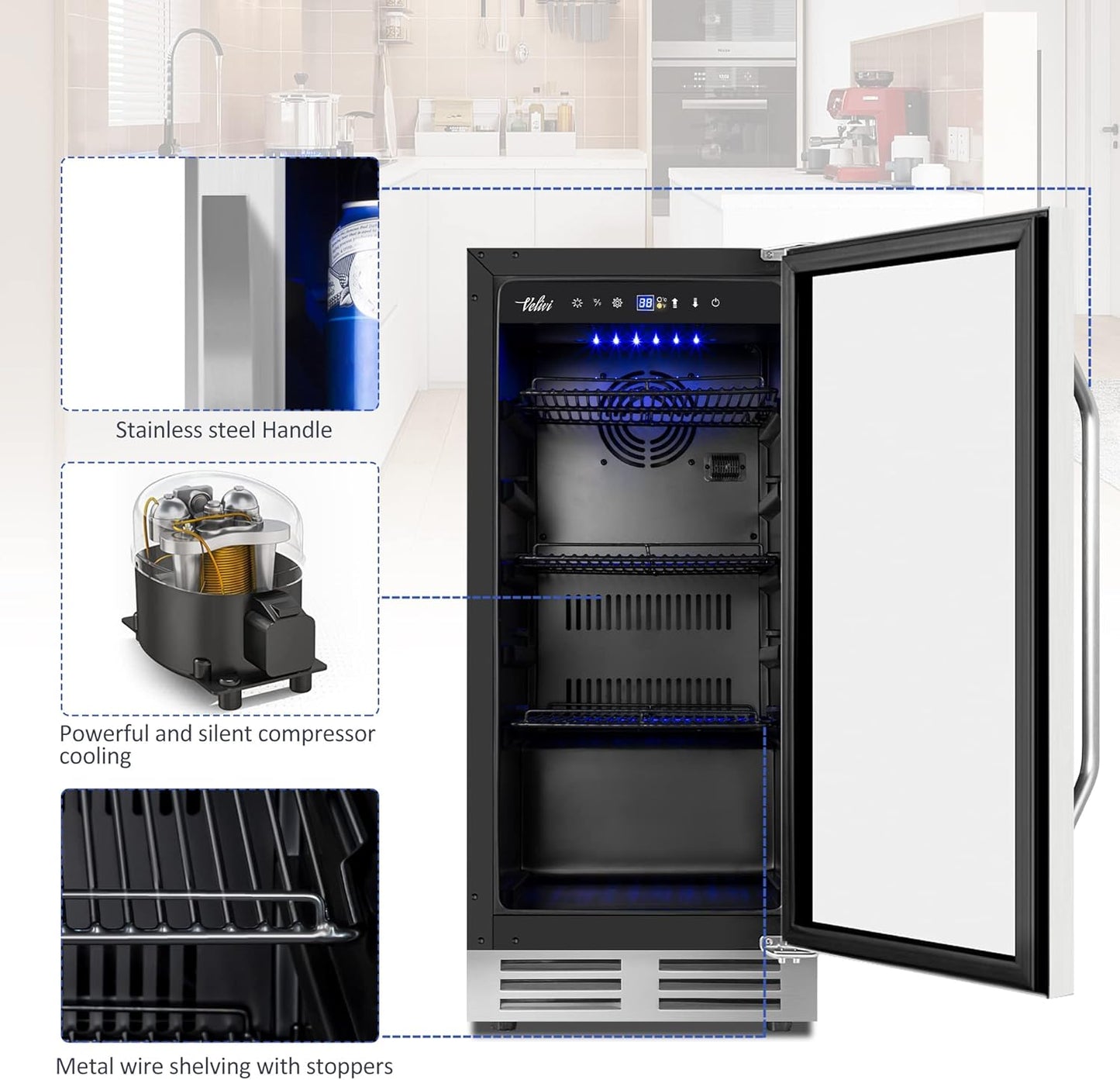 15 Inch Beverage Refrigerator - 125Cans Capacity Drink Cooler Under Counter Mini Fridge with Glass Door, Safety Lock Built-in or Freestanding Refrigerator for Soda, Beer, Wine