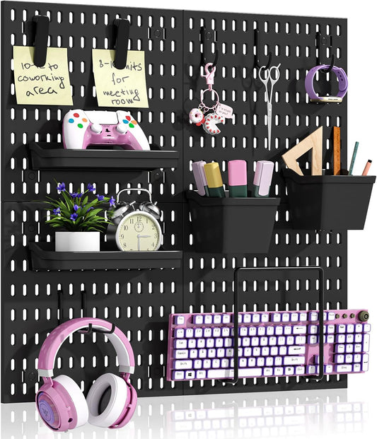 AKTOP Peg Board Wall Organizer 4-Pack – 12"x12" Black Pegboard Combination Kit with 13 Accessories for Wall, Plastic Peg Board Panels for Home, Office, Garage Tool Storage & Craft Room