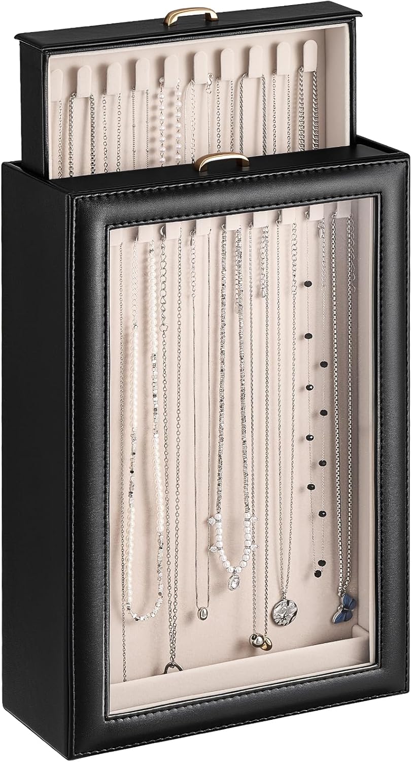 Lolalet Necklace Organizer Box, 2-Layer Jewelry Storage Boxes with Clear Lid for Necklaces, Tangle-Free Necklace Display Case for Women Girls -Black