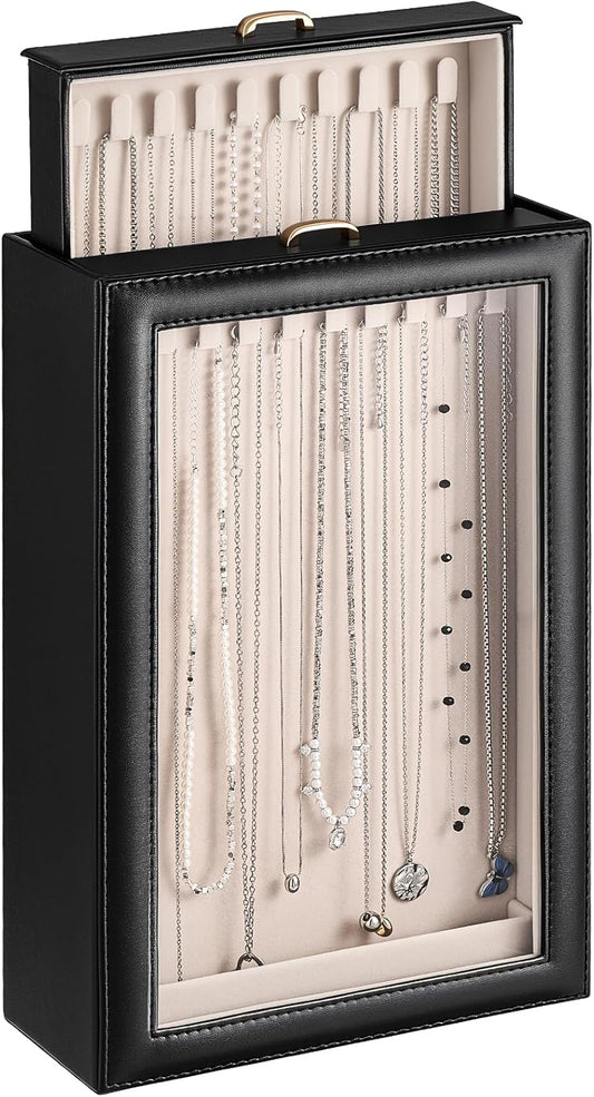 Lolalet Necklace Organizer Box, 2-Layer Jewelry Storage Boxes with Clear Lid for Necklaces, Tangle-Free Necklace Display Case for Women Girls -Black