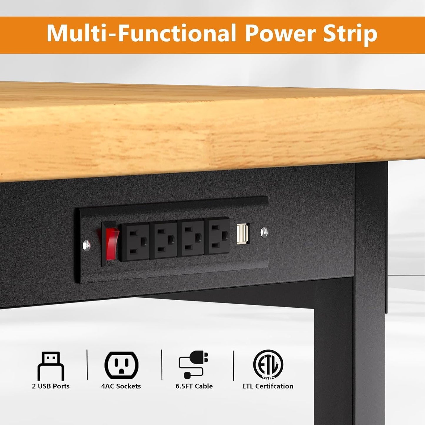 48" Solid Wood Work Bench, Adjustable Height Workbench with Wheels, Heavy-Duty Work Table with Power Outlets, 2000 LBS Capacity Workstation for Garage, Workshop