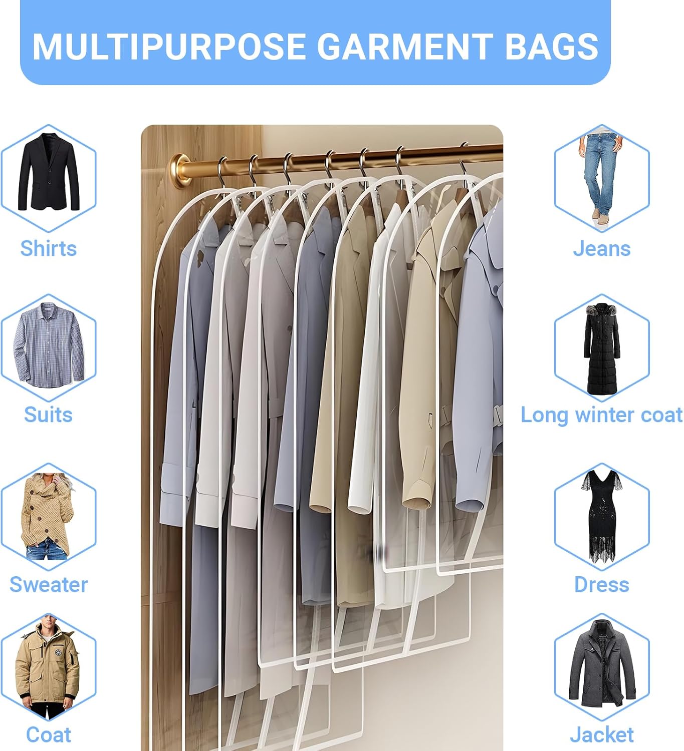 Garment Bags for Hanging Clothes 24'' x 40'' (Set of 12) Coat Covers for Closet Foldable Washable Dress Bags for Hanging Clothes for Long Dress Dance Costumes Suits Gowns Coats