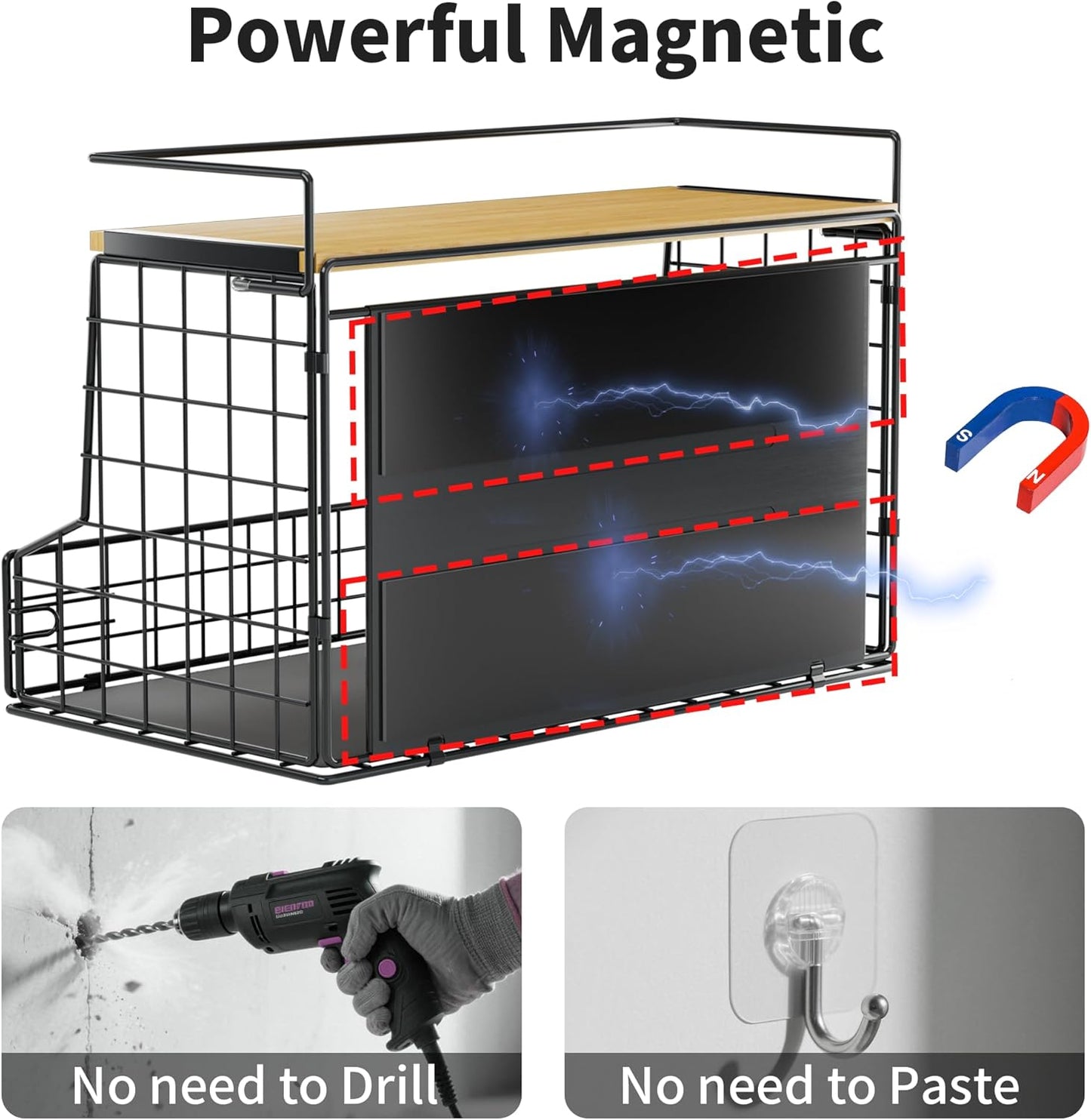 Magnetic Shelf for Fridge, Large Container Magnetic Spice Rack for Refrigerator, Fruit Potato and Onion Storage Bins, Magnetic Basket with Wood Lid, Kitchen Counter, Cabinet