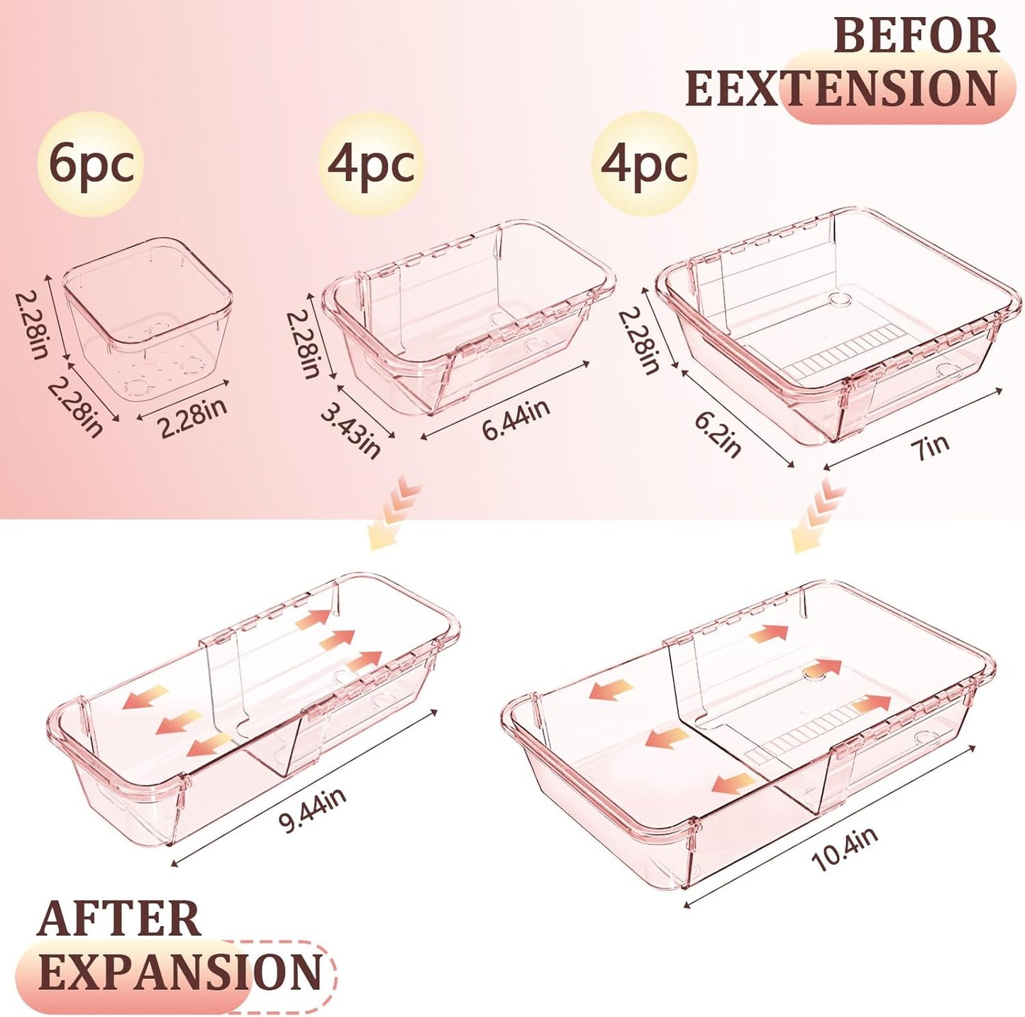 14 Pcs Adjustable Clear Drawer Organizer, Extendable Vanity Storage Bins, Desk Drawer Organizer Set for Makeup, Cosmetics, Bedroom, and Gadgets, Pink