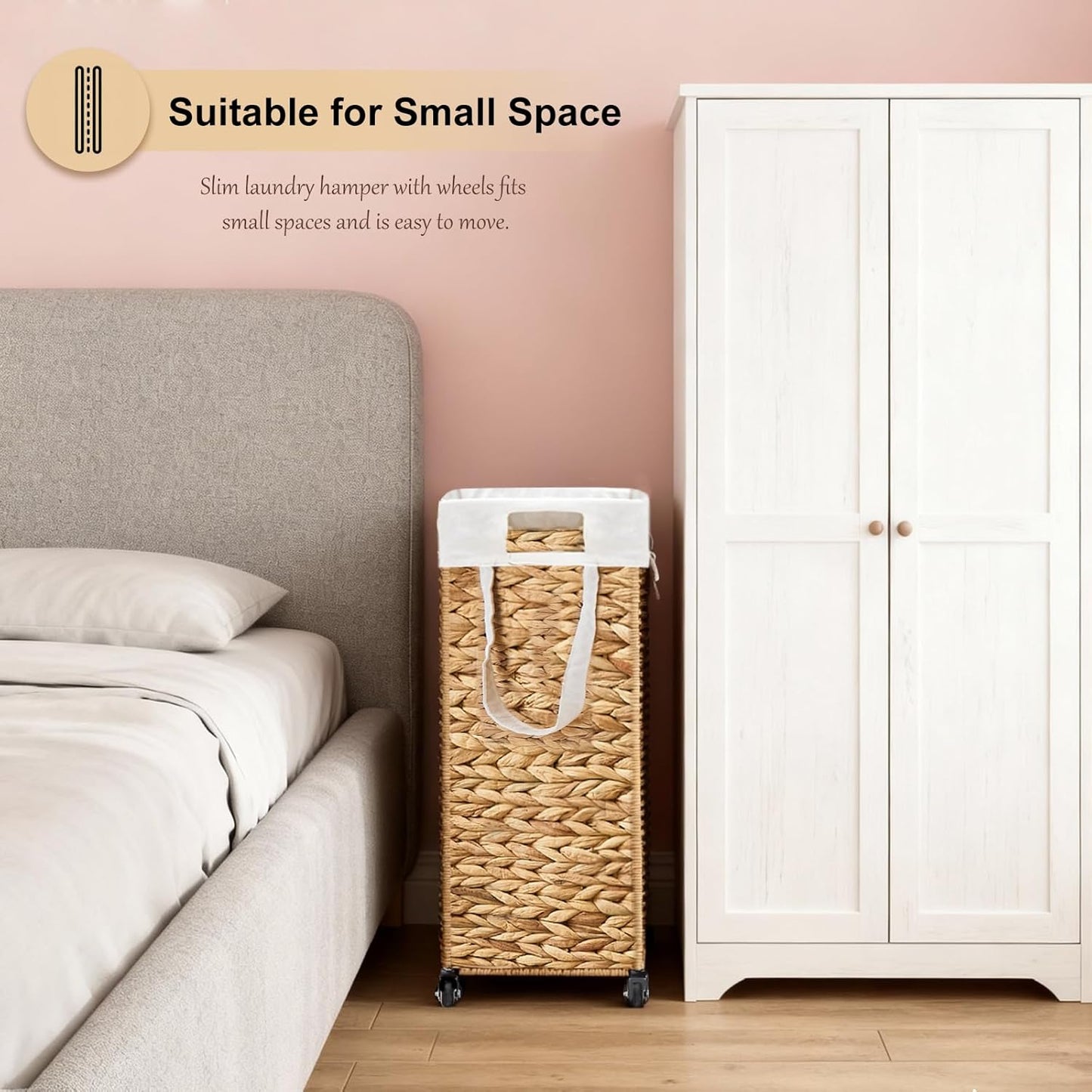 Rolling Laundry Hamper with Wheels, Slim Laundry Basket with Removable Liner Bag & 2 Mesh Bags, Handwoven Water Hyacinth Clothes Hamper for Bedroom Bathroom (Natural, 65L)
