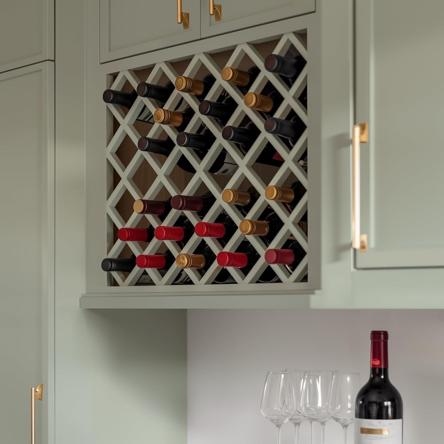 Solid Wood RTA Wine Bottle Rack Wall Cabinet with Lattice Panels - Wine Bottle Holder Storage for Bar, Pantry, or Dining Room and Kitchen(Jade Green, 24”W × 12”D × 30”H)