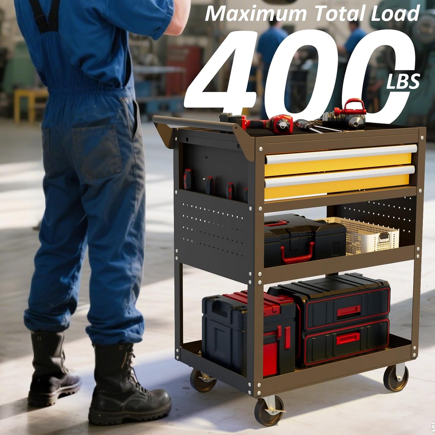 5 -Tier Heavy Duty Rolling Tool Cart on Wheels with 2 Lockable Drawers, Pegboard & Locking Wheels, 400Lbs Capacity Mobile Garage Storage Organizer for Mechanics, Workshop