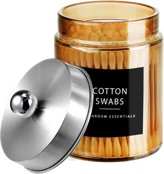 Amolliar Amber Yellow Glass Apothecary Jar with Metal Lid & Cute Labels, Qtip Holder Dispenser Canister for Cotton Balls, Cotton Swabs, Makeup Pads, Countertop Bathroom Storage,1 Pack(Brushed Nickel)