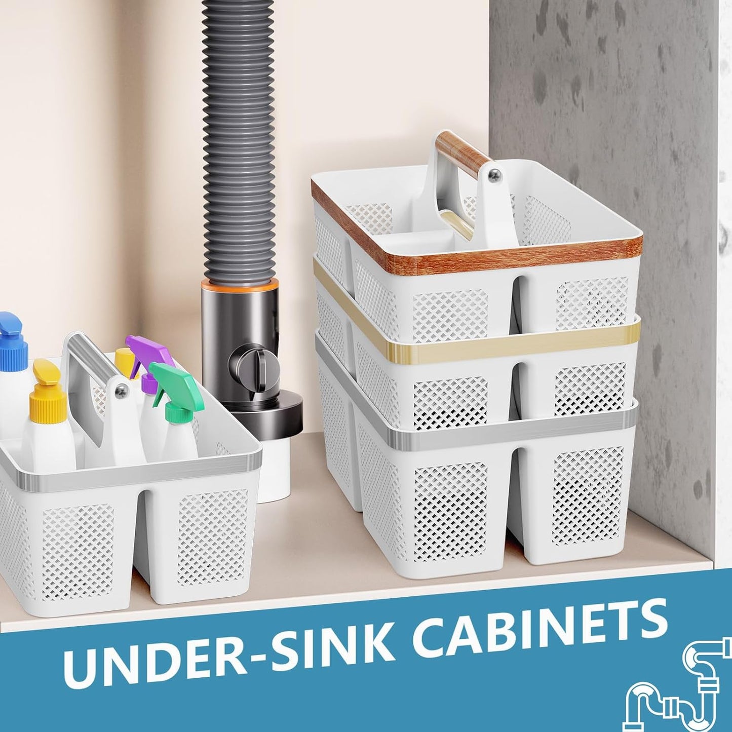 2Pack Shower Caddy Dorm: Portable Bathroom Caddy Organizer with Handle and Holes, Plastic Cleaning Caddy, Hard Shower Basket Storage Tote for Toiletry, College Dorm Room Essentials White/Silver