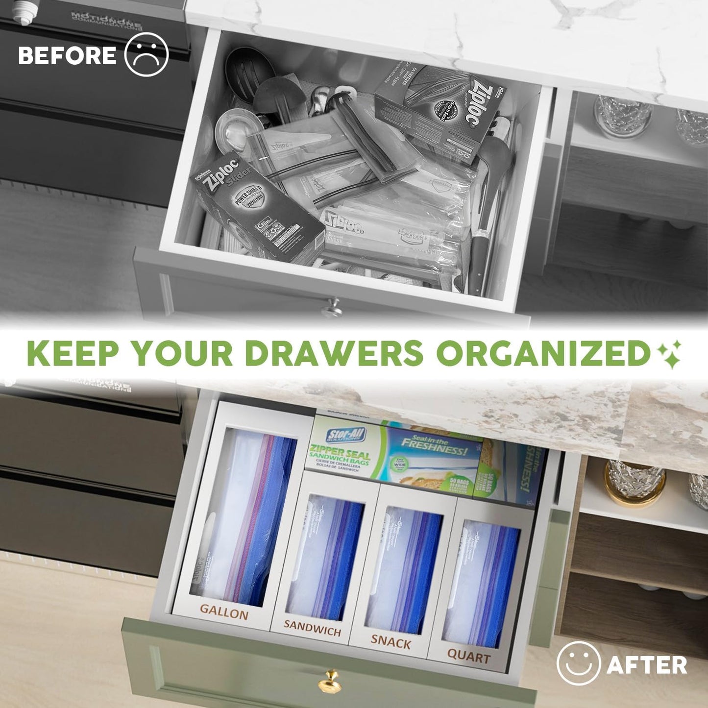 DALSHABET Bamboo Storage Bag Organizer for Kitchen Drawer, 4 Separate Food Storage Bag Organizer, 12x14 Baggie Organizer Dispenser for All Brands Gallon, Snack, Sandwich & Quart Slider Bags White