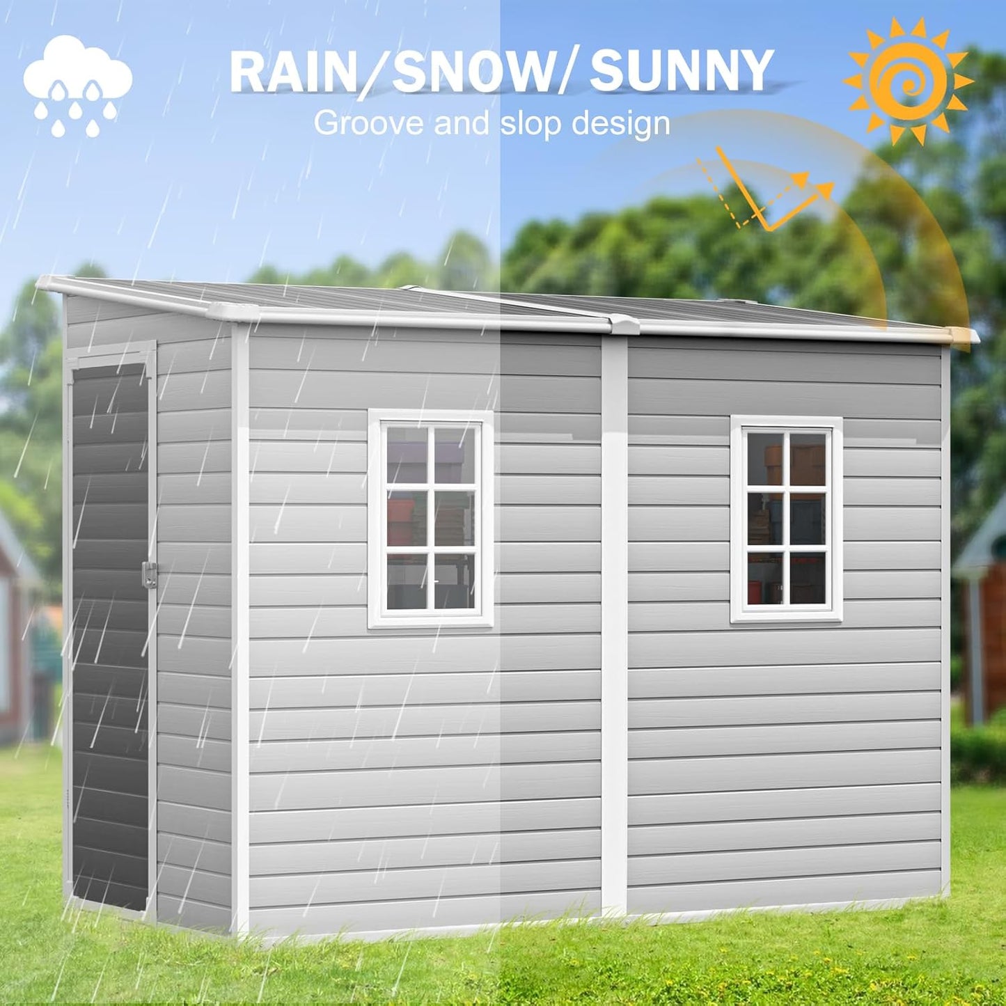 8x4 FT Resin Lean to Shed, Waterproof Outdoor Storage Shed with Floor, Adjustable Openable Window, Lockable Door & 2 Windows, Tool Shed for Patio Garden, Lawn, Backyard, Dove Grey