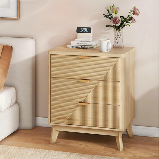 3 Drawer Fluted Nightstand for Bedroom, Modern Wood Night Stand with Curved Profile, Fluted Dresser & Wood Drawer Organizer for Bedroom and Hallway