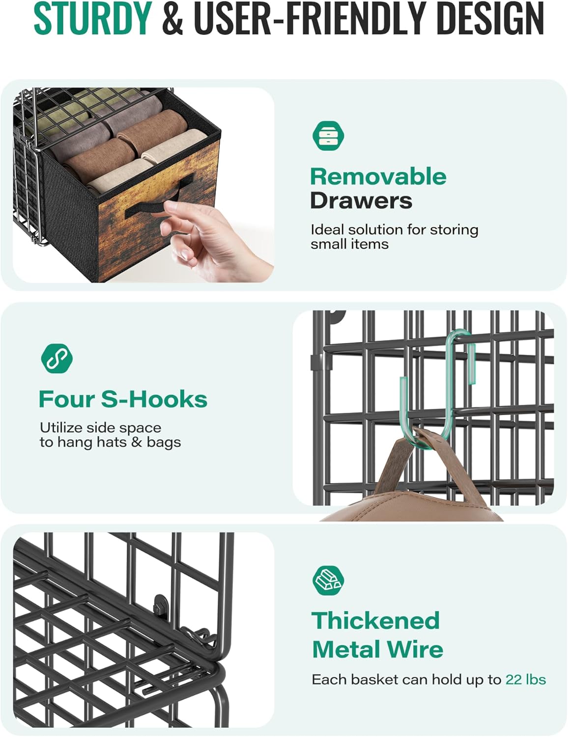 Hanging Closet Organizer with Drawers, 4 Tier Metal Closet Organizers and Storage with 4 Hanging Hooks 4 S-Hooks for Wardrobe Laundry Room, Wire Storage Shelf for Clothes Sweaters Pants (Black)
