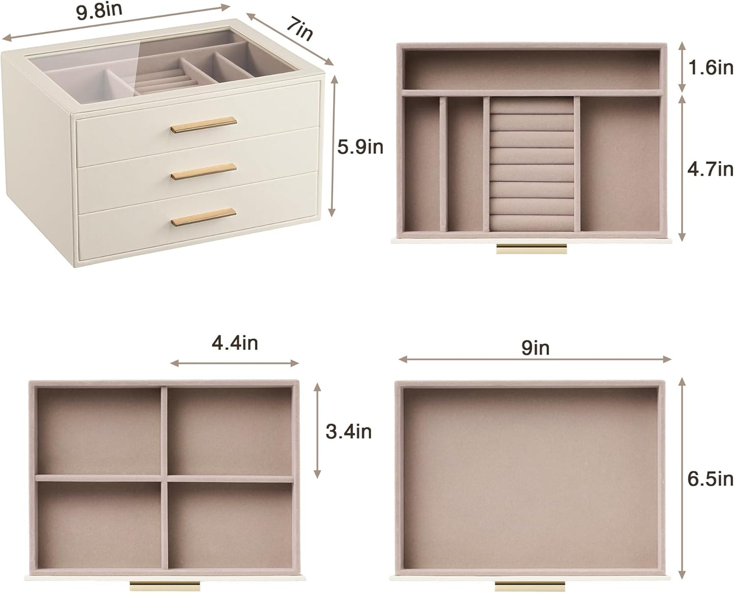pickpiff Jewelry Box Organizer Case for Women: 3-Layer Jewelry Storage Case with Glass Window, Ivory Leather with Pink Velvet, Holder for Ring Necklace Bracelet Brooch Watch, Great Gift for Her