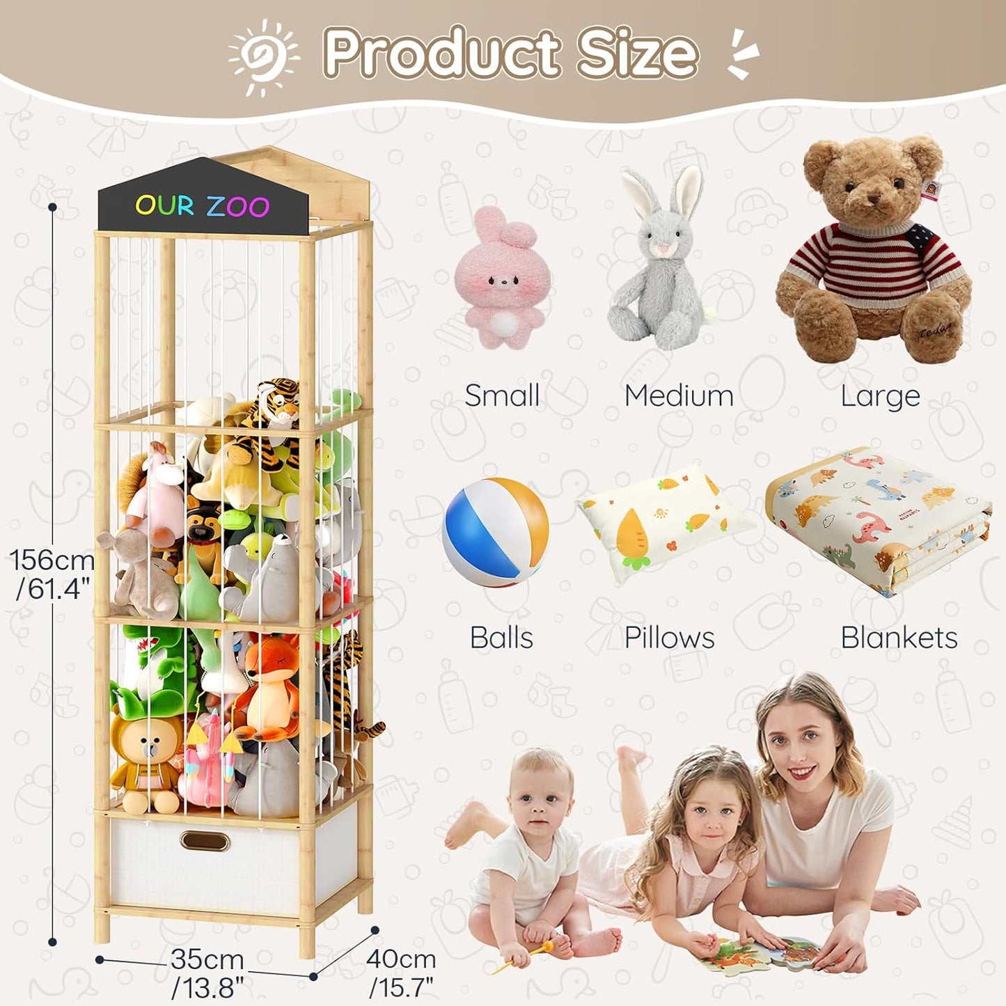 HOOBRO Stuffed Animal Storage & Organizer, Bamboo Stuffed Animal Holder with Fabric Drawer and DIY Chalkboard, Plush Toy Organizer for Playroom, Living Room, Nursery, Natural and Beige YL66CW01