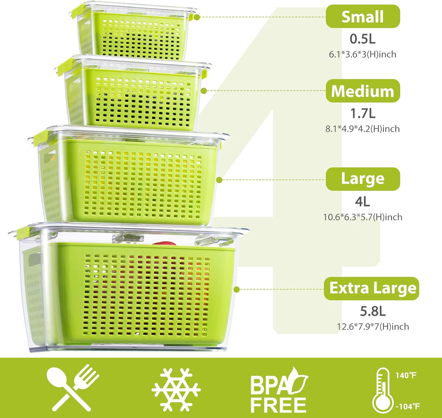 LUXEAR Fruit Vegetable Storage Container, 4 Pack Fresh Containers for Fridge with Lids BPA-Free Produce Refrigerator Organizer for Fruit, Veggie, Berry, Meat Storage Keep Fresh Longer-Green