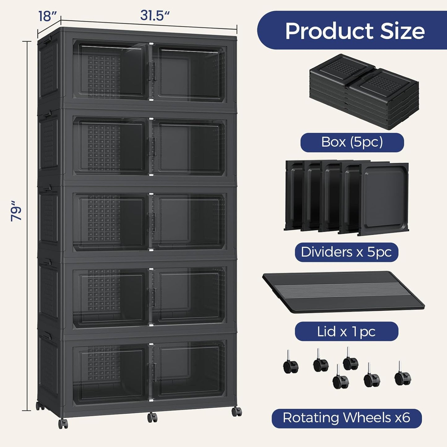 250Gal Stackable Storage Bins with Lid, 1000Qt Extra Large Collapsible Storage Box with Wheels, Dividers, Folding Plastic Cabinet Closet Organizers for Home Kitchen Office Dorm, 5Pack Black