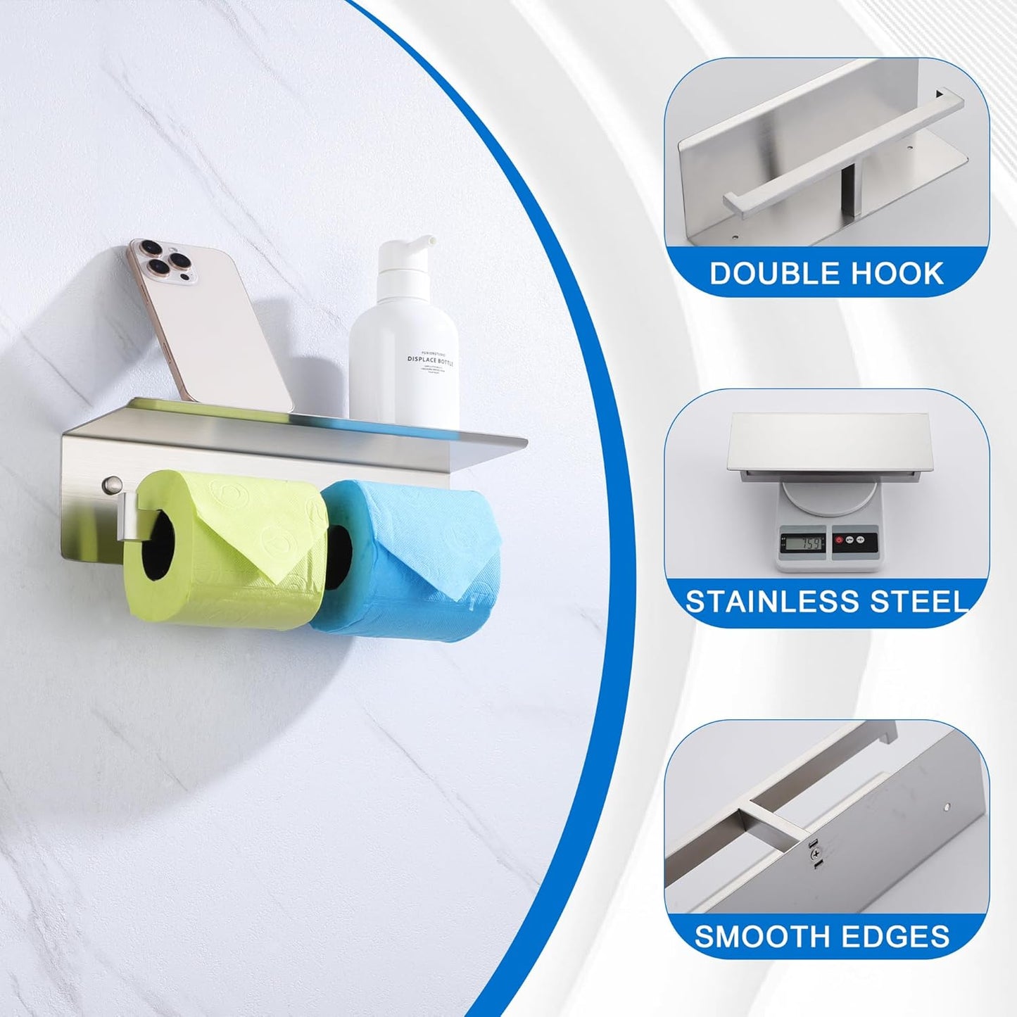LANC Double Roll Tissue Holder with Shelf, Brushed Nickel Commercial Toilet Paper Dispenser with Phone Shelf for Bathroom Wall Mounted or 3M Self-Adhesive Stainless Steel, A8377BN