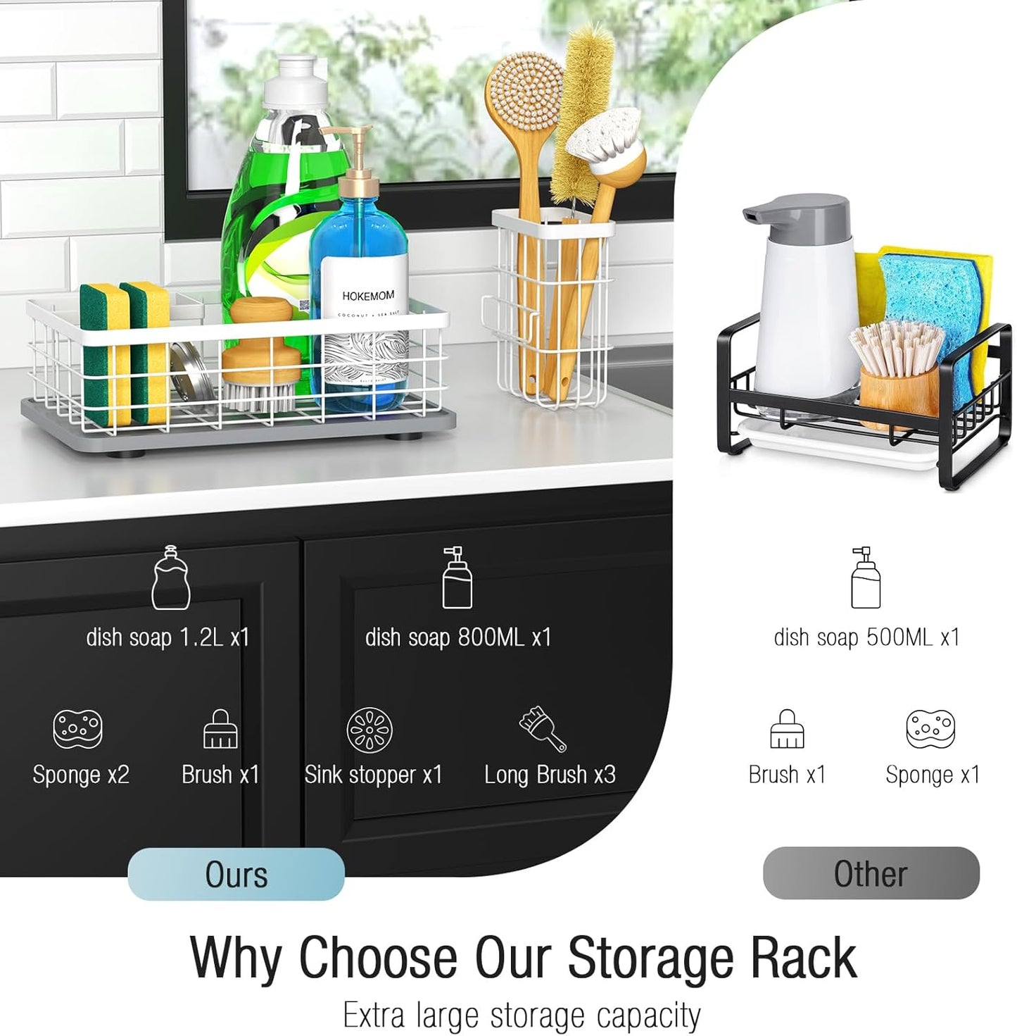 Large Family-Sized Sponge Holder for Kitchen Sink with Brush Holder - Drain-Free Non-Slip Base, 2.6mm Stainless Steel with White Rust-Resistant Coating-10.24"L x 6.5"W x 5.83"H Sink Organizer