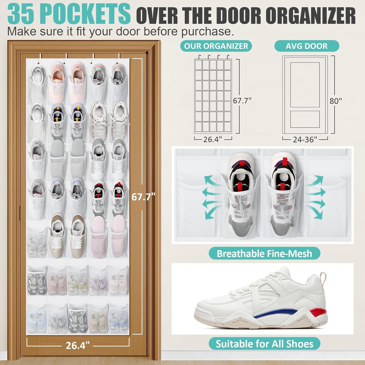 Tiblue Over The Door Shoe Organizer 35 Mesh Pockets Hanging Shoe Organizer Shoe Rack For Door Closet Entryway Bedroom Pantry Organizer - Shoe Holder Hanger For Sneakers, Women High Heeled Shoes White