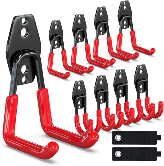 3-H Garage Wall Hooks 10 Pack, Heavy Duty Garage Hooks with Extra Welding Spots, Wall Mount Storage Organizer for Hanging Garden Lawn Tools, Chair, Shovel, Blower, Toolkit (red)