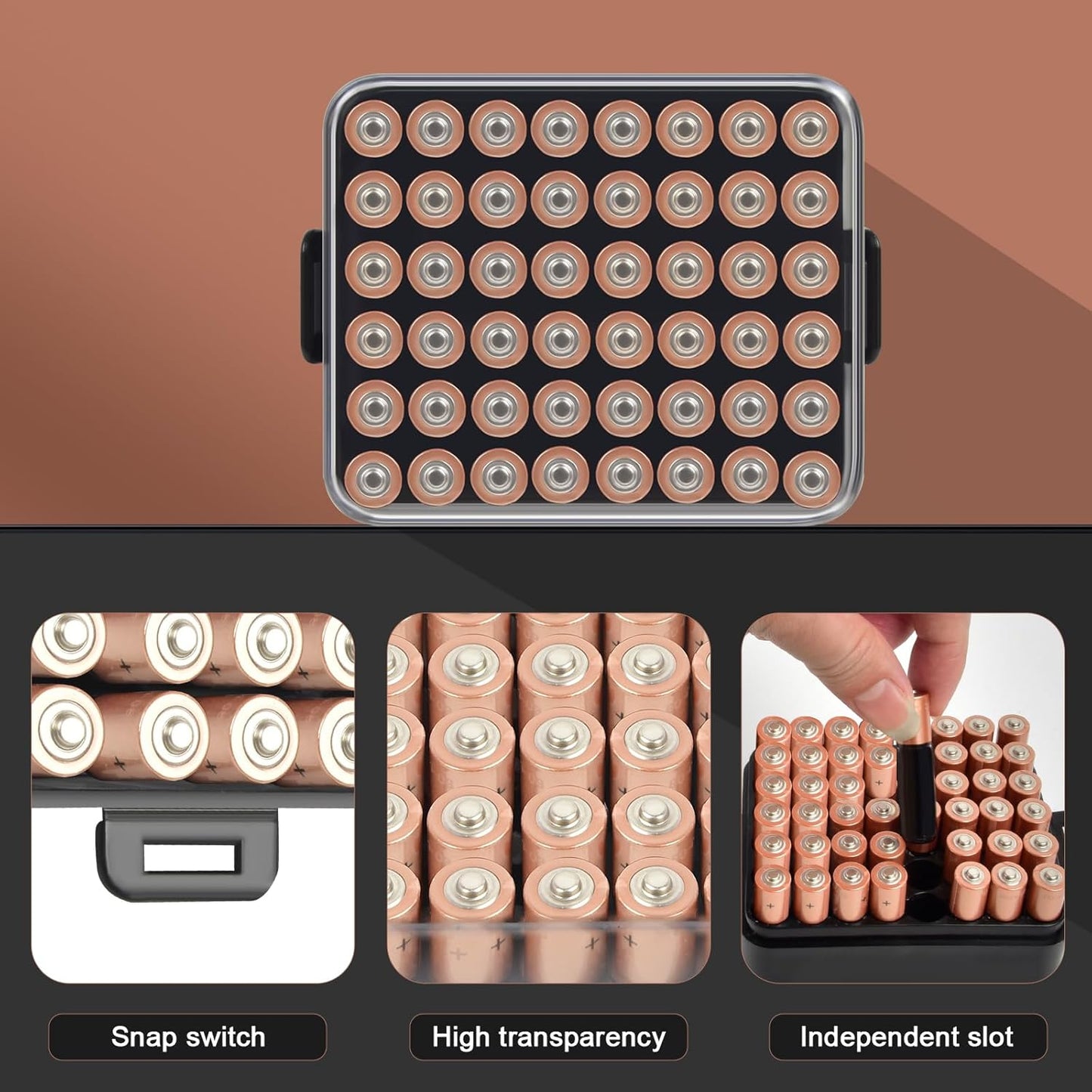 ALCYON Battery Organizer Storage Case, Battery Vault Box Container for 48pcs AAA Batteries, Plastic Clear Protective Battery Holder for Travelling/Home/Office (Black, Small)