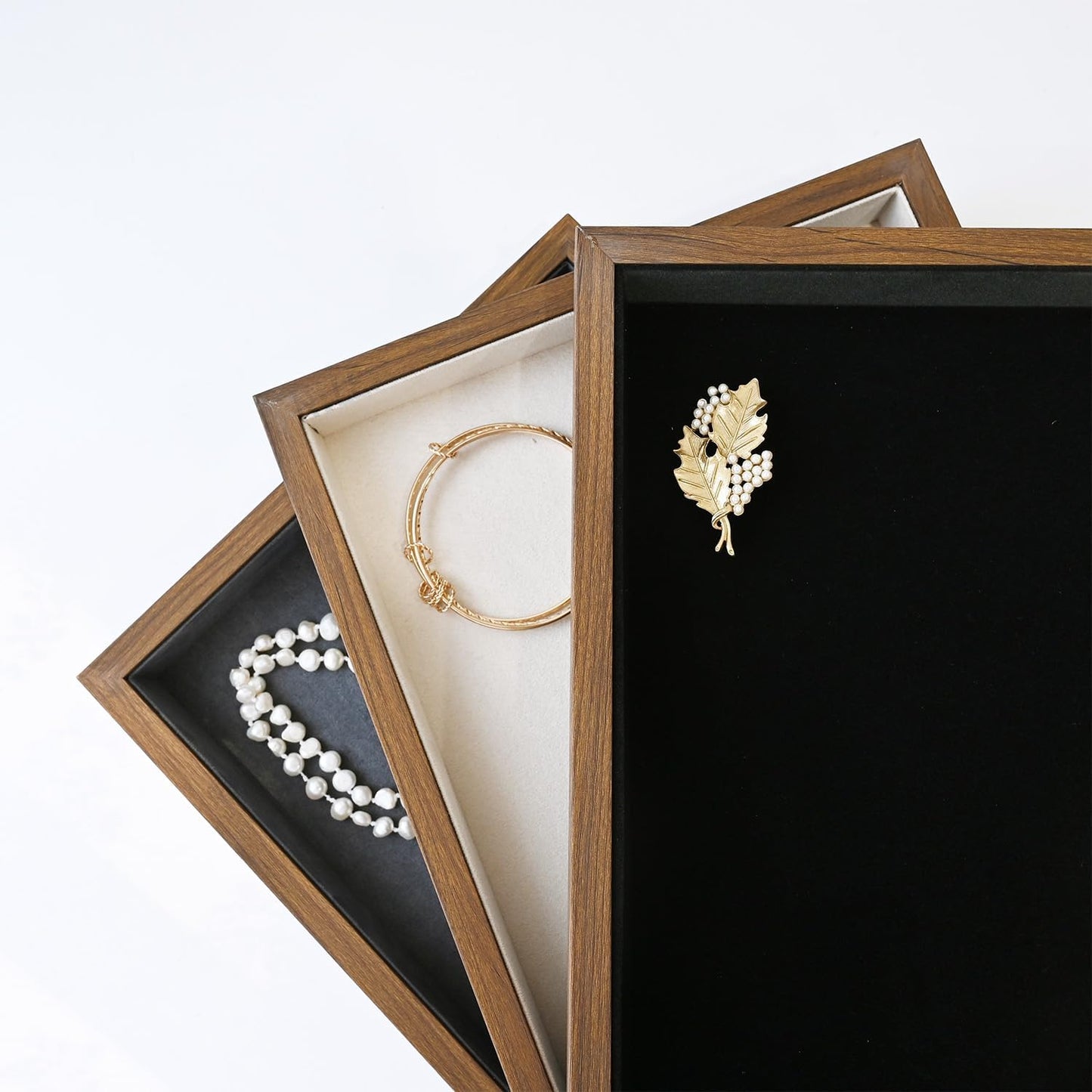 MOOCA 2 Pcs Wooden Jewelry Display Tray, Presentation Tray, Organizer for Rings, Necklaces, Earrings, and Accessories, Walnut Color with Black Suede, 14" W x 9.6" D x 1.2" H