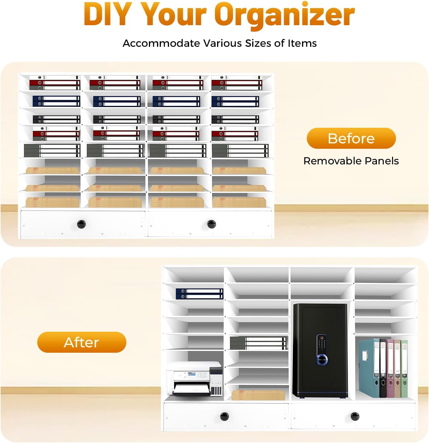 Adjustable Literature Organizer, 32 Compartments Mail Sorter Organizer with 2 Drawers, PVC Desktop File Sorter, Classroom Mailbox Office Mailbox Cubbies for Office, Home, Study Room White