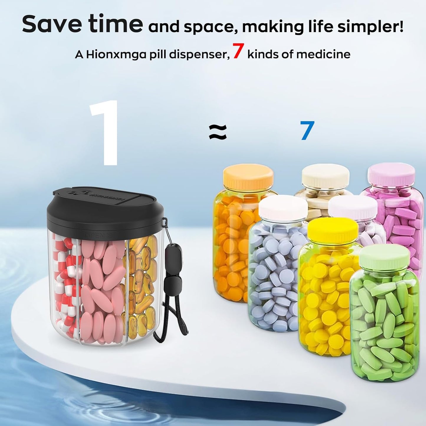 Pill Bottle Organizer with 7 Large Compartments, Pill Dispenser for Travel, Supplement Organizer with Anti-Mixing Design, BPA-Free Pill Container with 20 Pcs Labels, Black