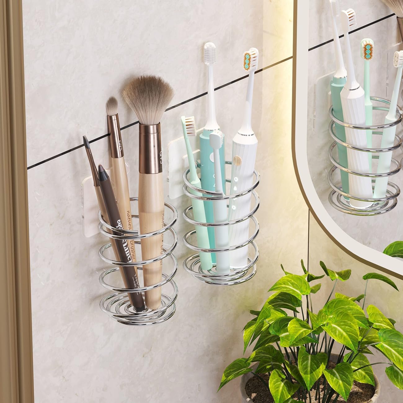 Wall-Mounted Spiral Hair Tool Holder, Adhesive Bathroom Organizer for Toothbrush and Makeup Brushes, Stainless Steel, 8 x 7 cm (3)