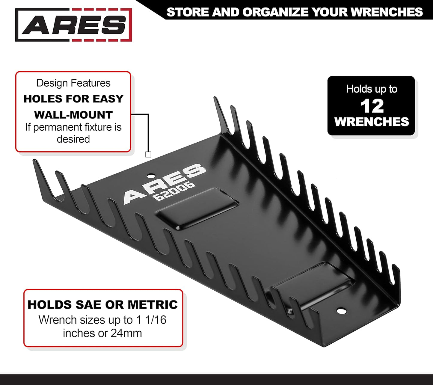 ARES 62006-12-Slot Metal Magnetic Wrench Organizer - Sturdy Metal Rack Stores up to 12 SAE and Metric Wrenches and Keeps Your Garage Organized