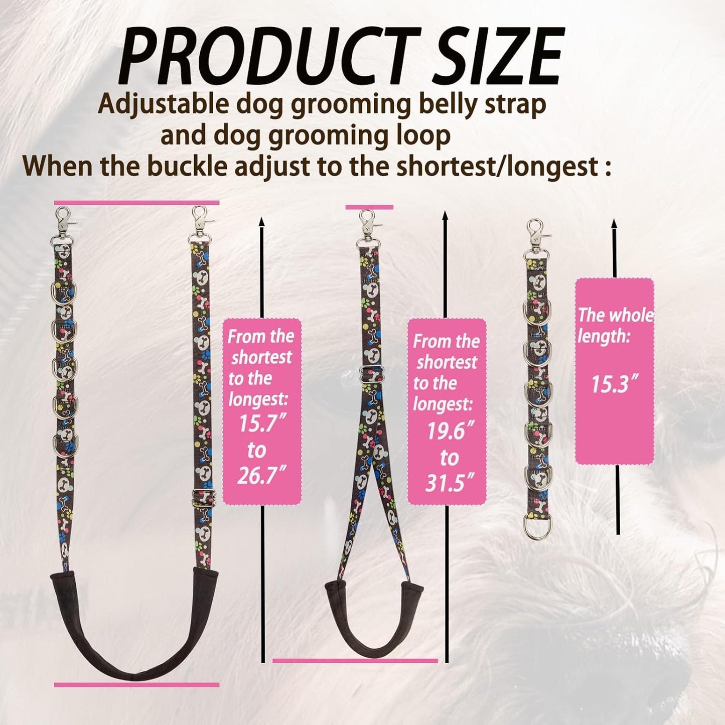 Dog Grooming Belly Straps – Adjustable Grooming Loops with Cute Paw & Bone Pattern – Pet Grooming Belly Support Band Table Accessories Restraint Noose for Small to Large Dogs(Black)