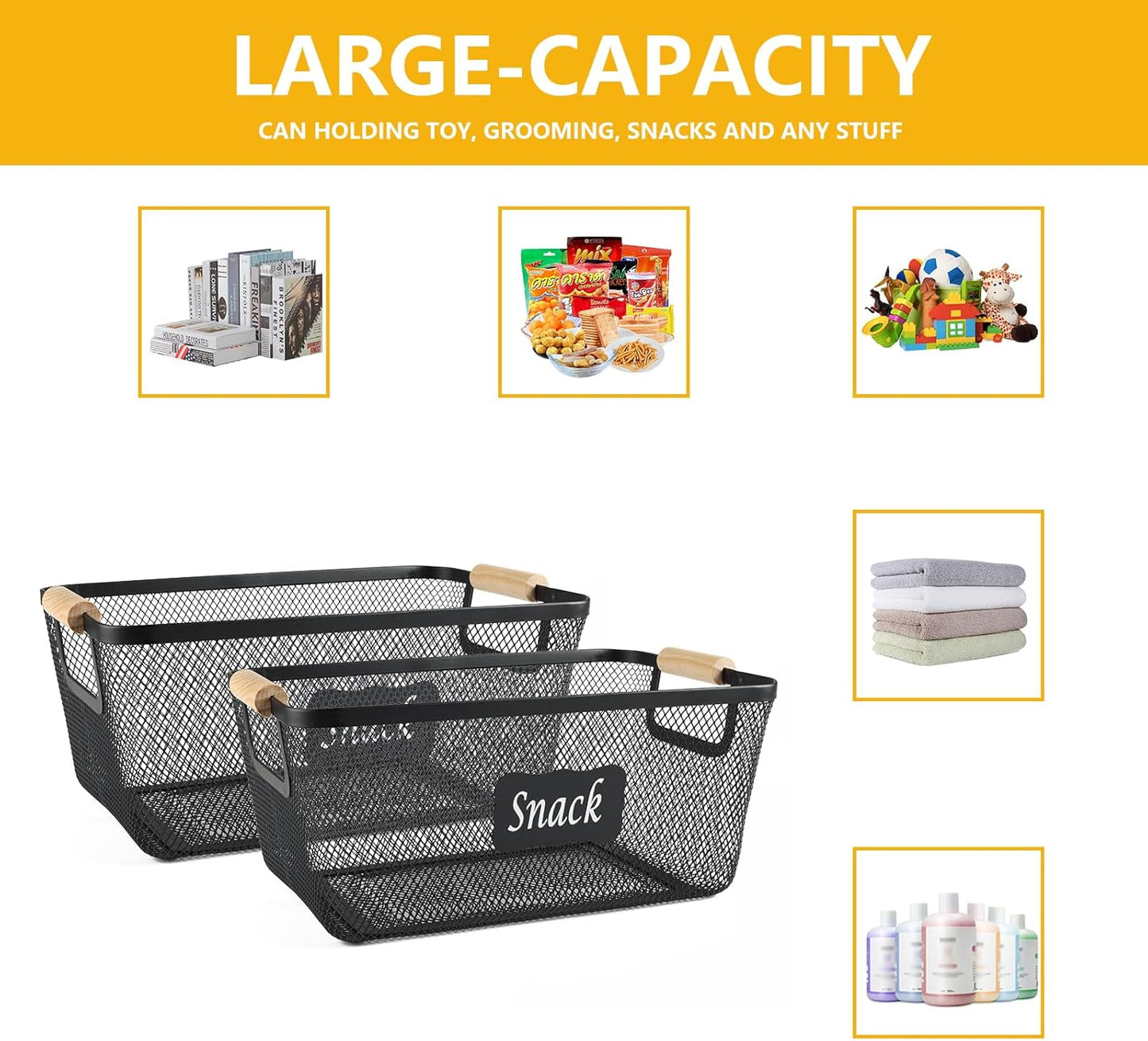 Snack Organizer for Pantry Shelf, 2 Pack Metal Mesh Snack Basket Storage with Wooden Handles, Snack Bin for Snack Bar Station, Kitchen Cabinet Pantry Organizers and Storage