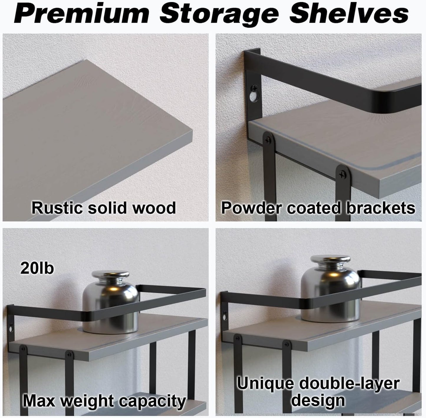 RICHER HOUSE 2+1 Tier Wall Mounted Floating Shelves Set of 2, Rustic Wood Wall Shelf with Metal Frame, Extra Storage Rack for Bathroom, Kitchen, Bedroom with Tissue Rack & Towel Bar - White Gold