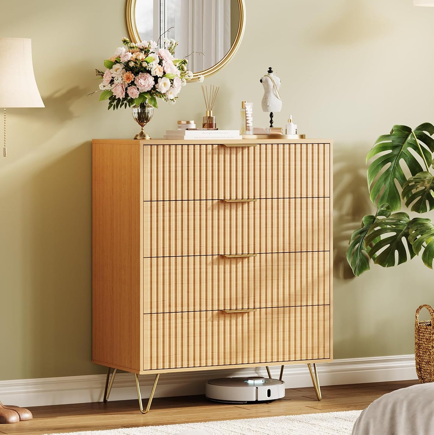 Garvee Fluted Dresser for Bedroom with 4 Drawers,32" Wide Modern Chest of Wooden Bedroom Chest with Metal Handle,Wide Clothes Storage Organizer,Closet Dresser & TV Stand for Living Room,Natura Oak