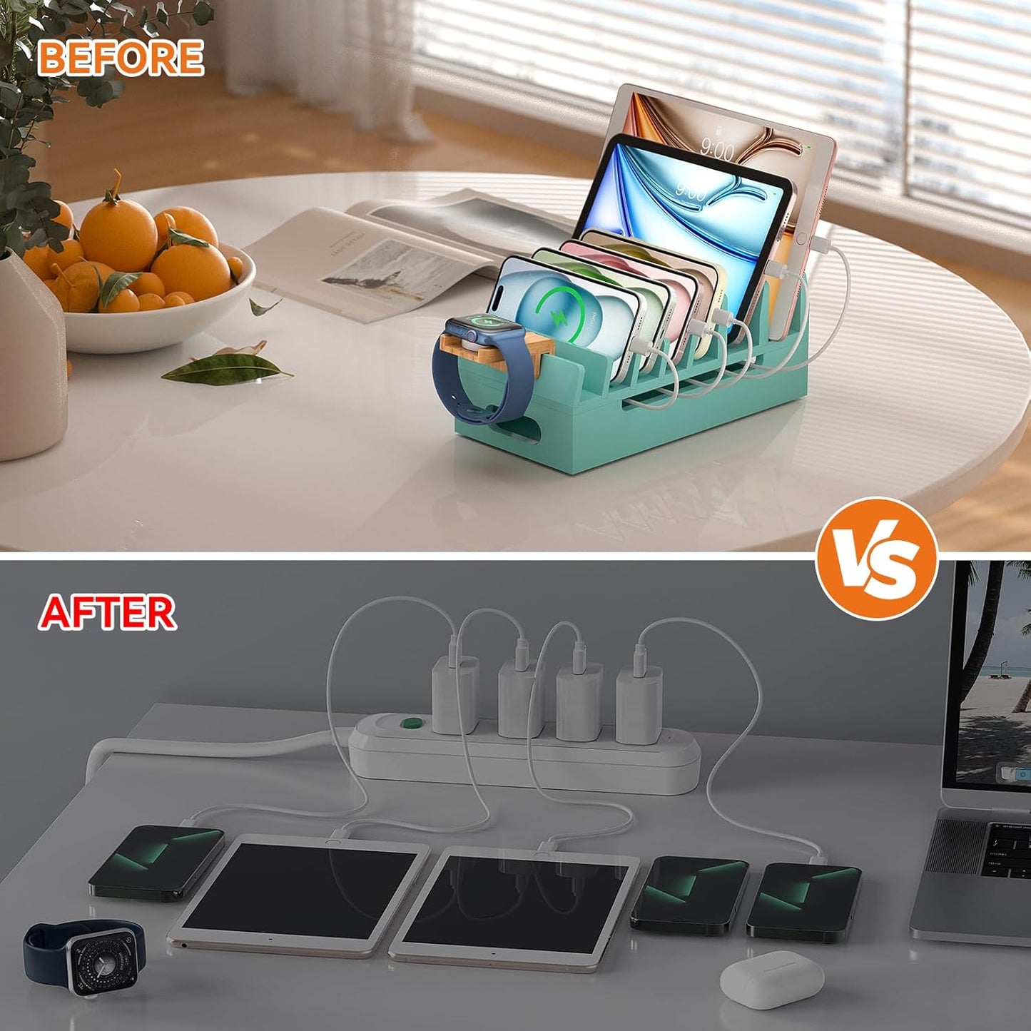 Pezin & Hulin Bamboo Charging Station with Watch Stand, Docking Holder for Multi Device with 5 Charge Cables, Desktop Dock Stations Electronic Organizer for Cellphone, Tablet, Watch-Teal