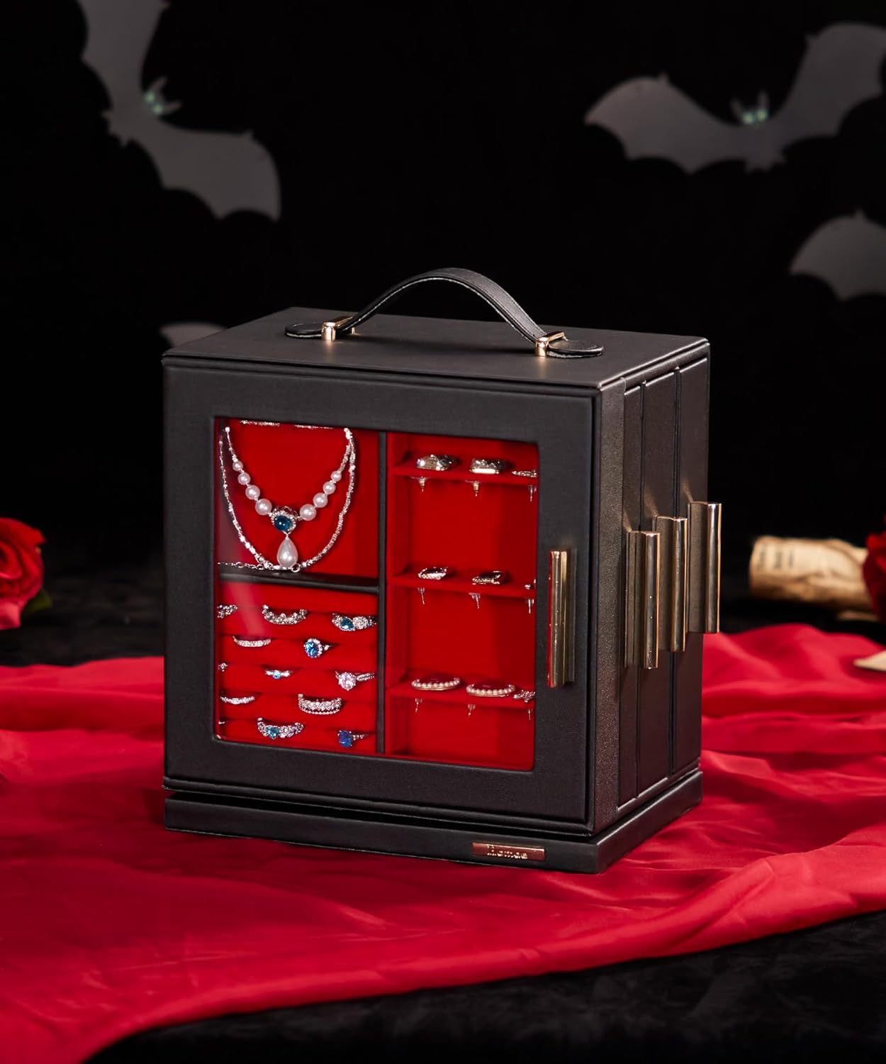 Homde Christmas Gifts Jewelry Box 360° Rotating, Necklace Earring Organizer with Transparent Window, Mirror, 7 Drawers, Large Ring Display Storage Case for Girls Women (Black + Red)