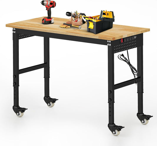 Betterhood 48" Adjustable Workbench on Wheels, Rubber Wood Heavy Duty Workstation with Power Outlets&2 Pegboards, 2000 Load Capacity Hardwood Worktable for Workshop, Garage, Office, Home, Commercial