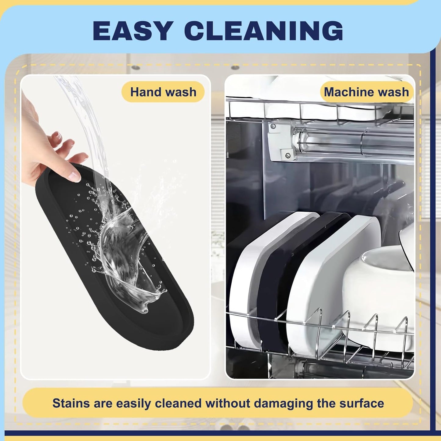 2 Pieces Silicone Shatterproof Bathroom Vanity Tray, 9.8" & 11.8" Oval Black Kitchen Counter Tray, Hand Soap Dispenser Tray, Toilet Top Perfume Trays for Dresser Holder Organizer (Black)