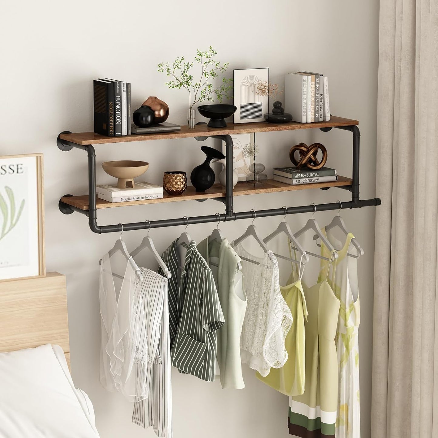ORSENIGO Industrial Pipe Clothing Rack with Shelves, Black Wall Mounted Clothes Rack Heavy Duty Display Garment Rack for Home Retail