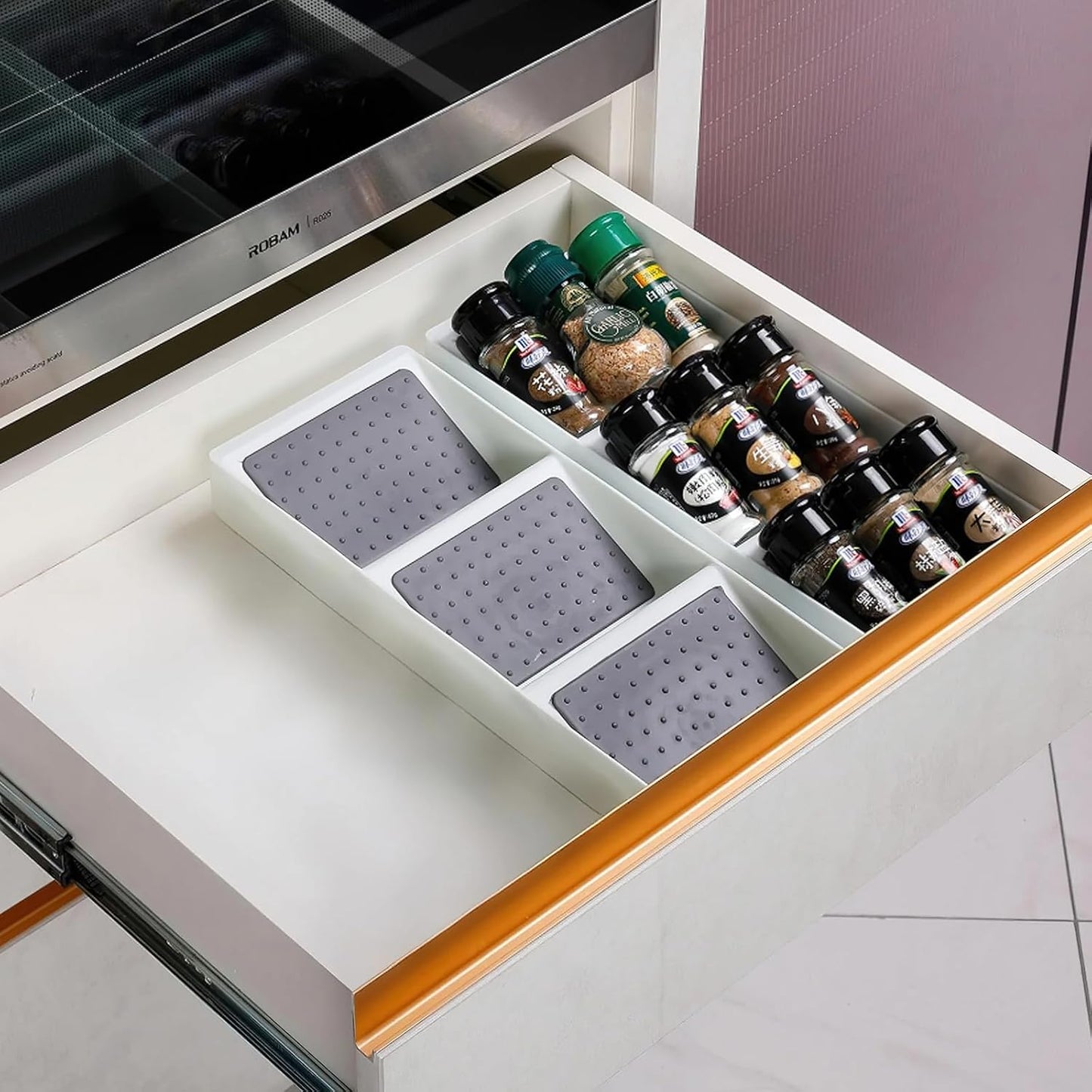 Spice Drawer Organizer, 3 Tier Non-Slip Silicone Seasoning Jars Drawer Insert, Spice Rack Organization for Drawer, Kitchen Spice Rack Tray for Cabinet Countertop Makeup Storage