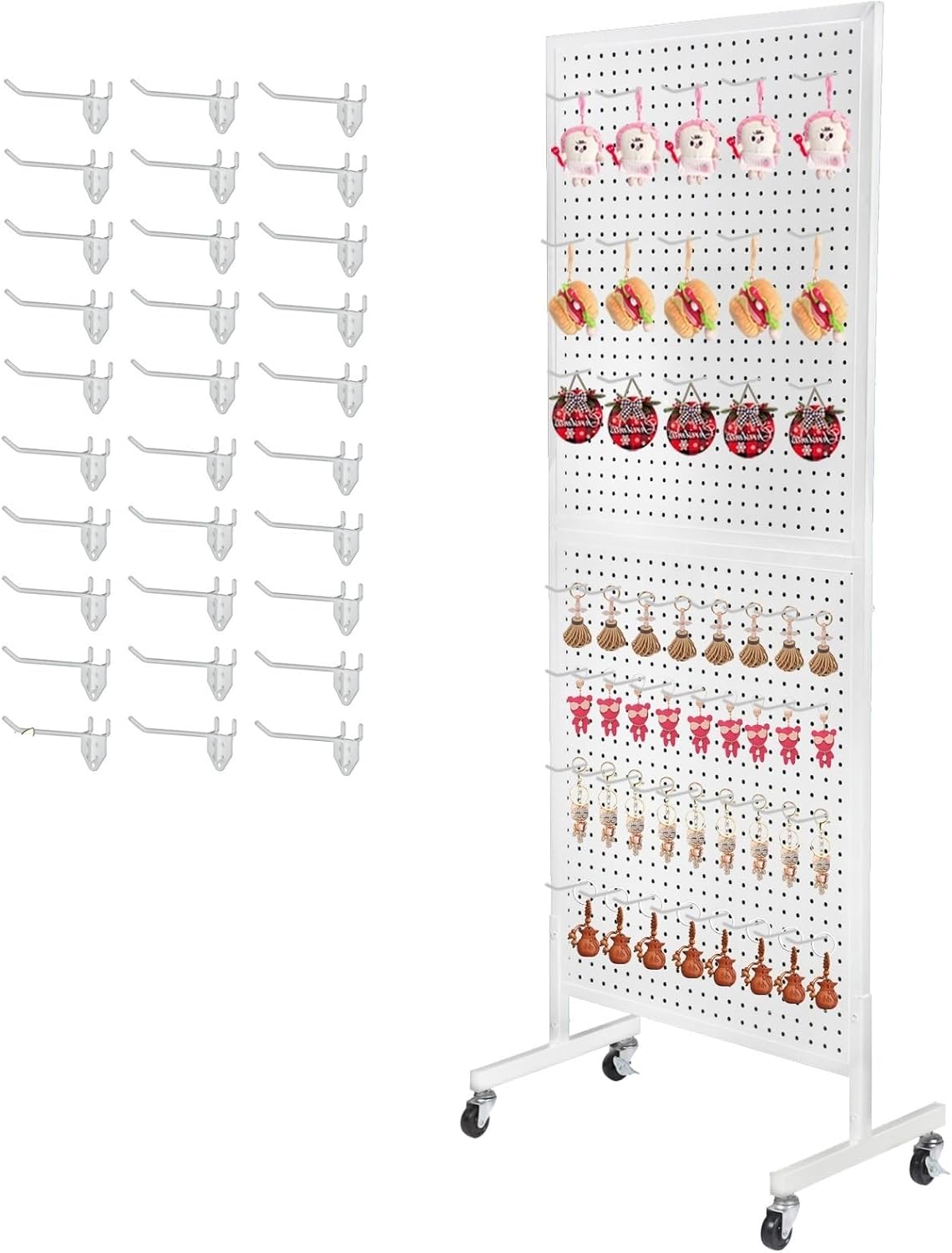 Eastern Tree Metal Pegboard Display Stand 2'x 5' with 30 Hooks, Pegboard Panels Display with Wheels, Peg Board Display Rack, Standing Pegboard Display- White