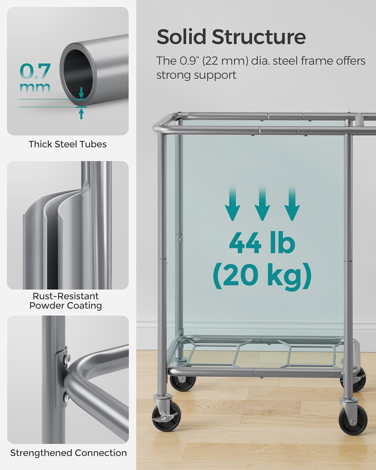 SONGMICS Laundry Basket with Wheels, Rolling Laundry Hamper, 23.8 Gallons (90 L), Removable Liner, Steel Frame with Handle, 24 x 11.4 x 31.9 Inches, Dove Gray URLS003G01